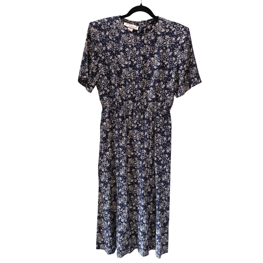 Vintage Norm Thompson Dress Size 10 100% Silk Navy Blue Floral Midi Short Sleeve - Picture 2 of 11